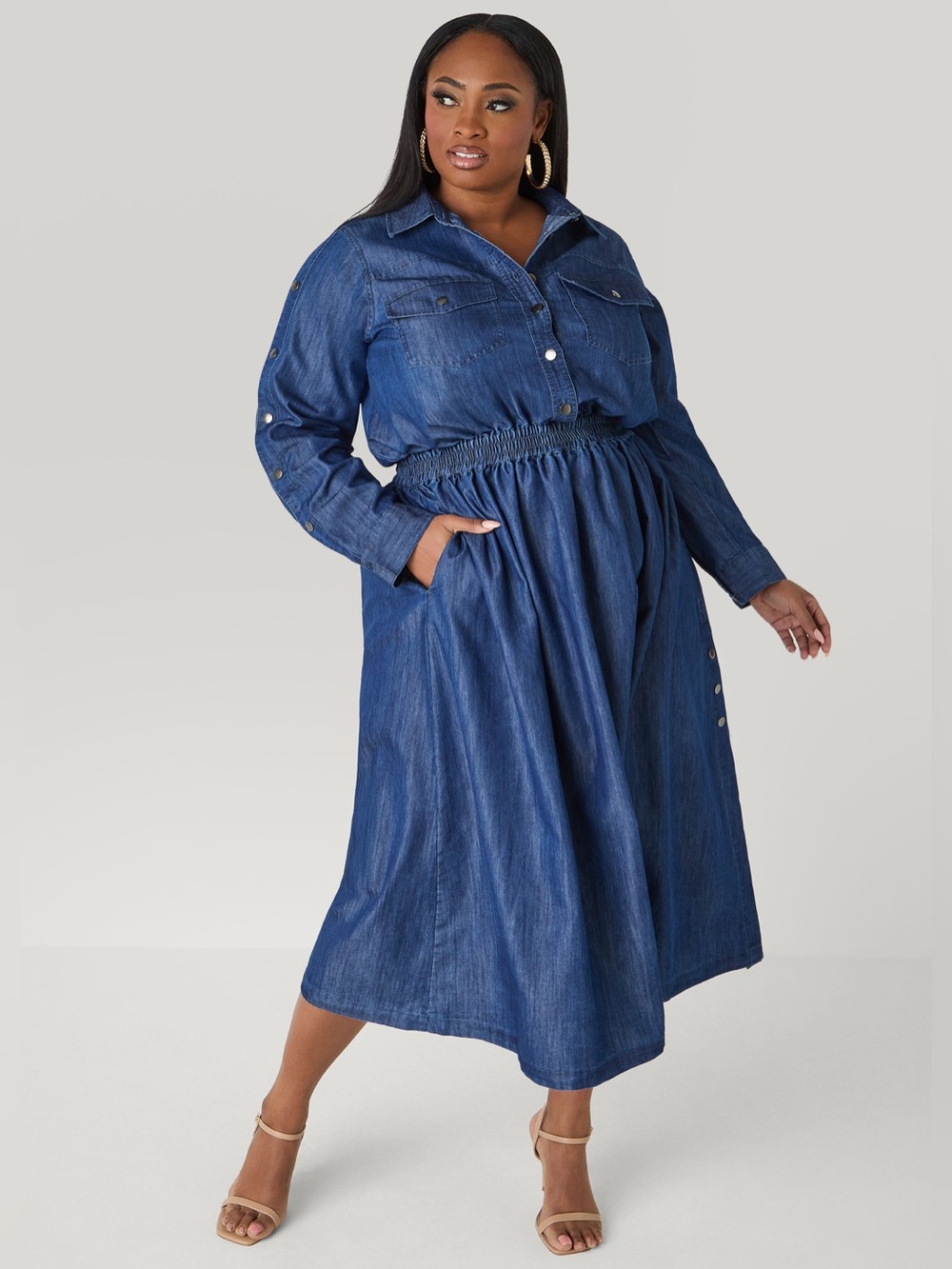 Denim Button-Front Midi Dress in Chambray